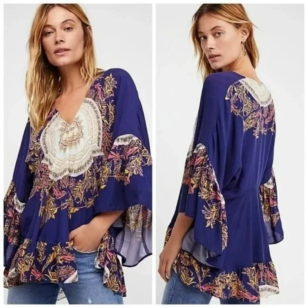 Free People Sunset Dreams Blouse Women XS Blue Flare Ruffle Sleeves Floral‎ Boho